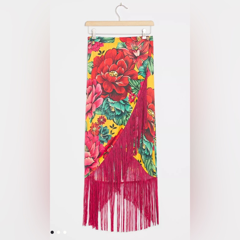 Farm Rio Benita Fringed Wrap Midi Skirt